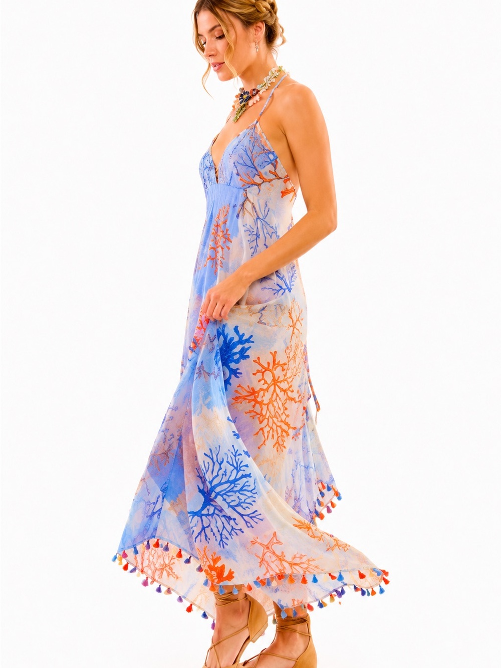 Aratta 🪸 Coral Fields Print | Midi/Maxi | Backless | Slip Dress | Sheer - Picture 10 of 11